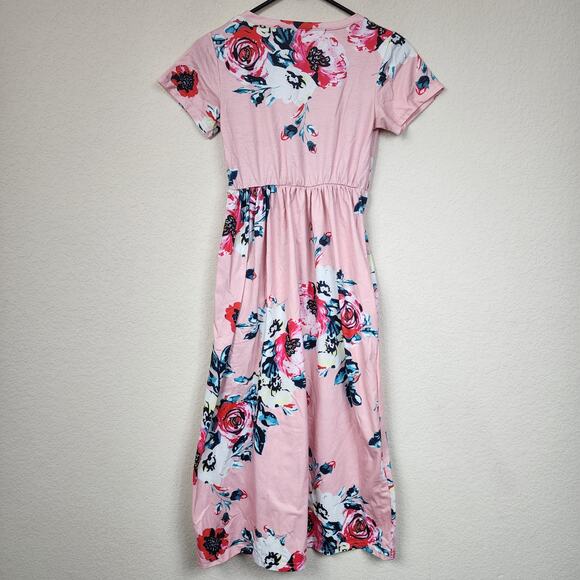 Pink Floral Stretchy Medium Midi Dress With Pockets - Picture 7 of 7